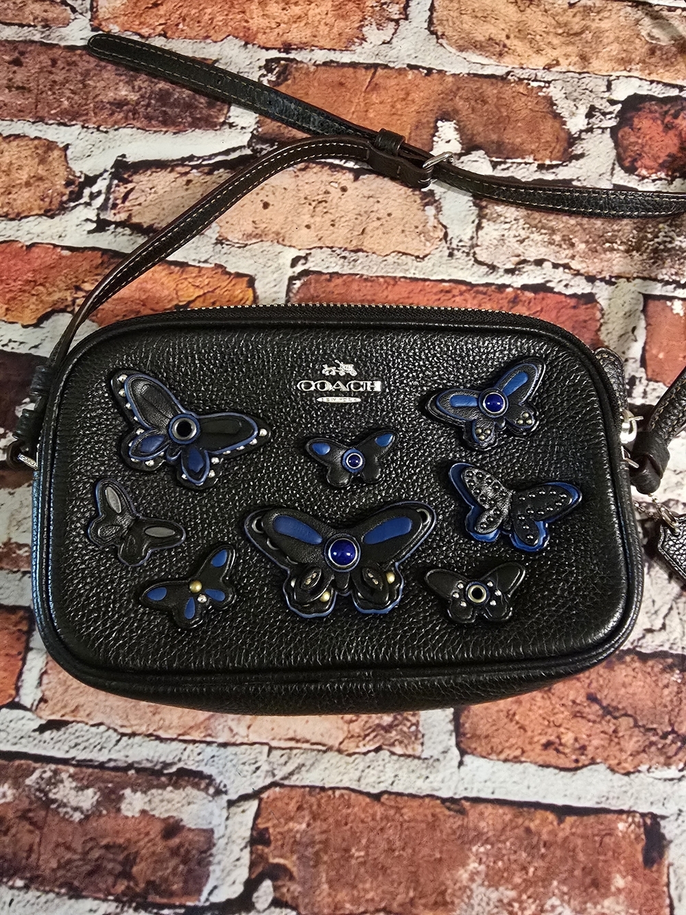 COACH Black Leather Crossbody with Blue Butterfly Appliqués F59070